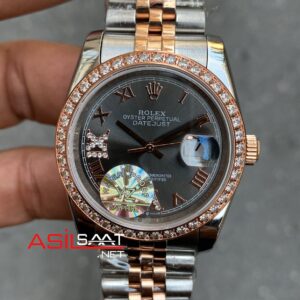 Rolex Datejust Lady Silver Rosegold 36 mm Diamond Dark Rhodium Dial Jubilee 126231 Bayan Saati Gri Kadran RBA079