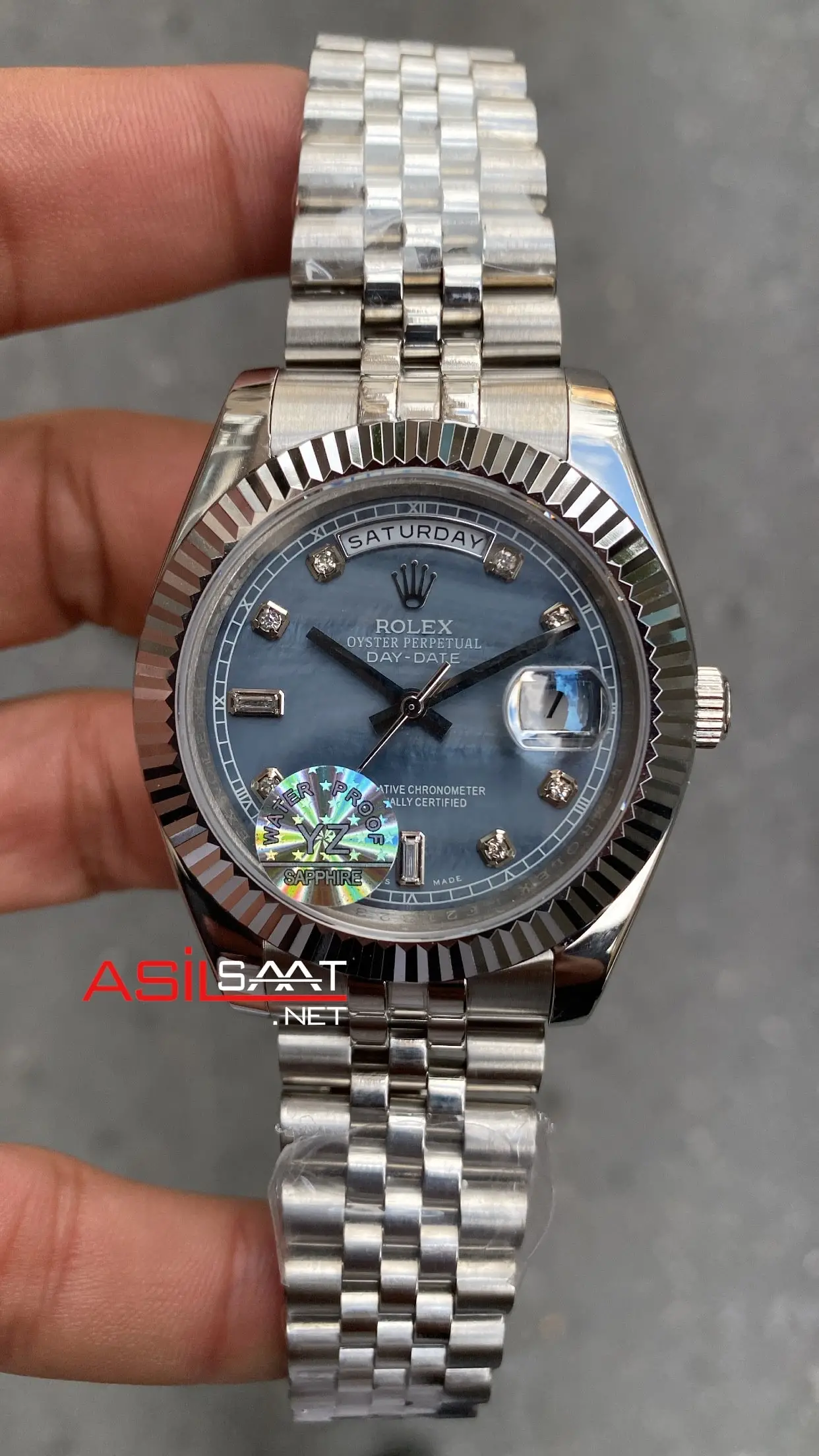 Rolex Day Date Jubilee Diamond Buz Mavisi Kadran 40 mm ce Blue Silver Replika Saat ROLDD066