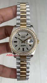 Rolex Day Date Pave Baguette Diamond 40mm Taşlı Kadran Two Tone Gold Replika Saat