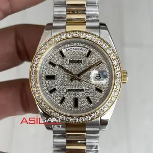 Rolex Day Date Pave Baguette Diamond 40mm Taşlı Kadran Two Tone Gold Replika Saat