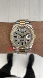 Rolex Day Date Pave Baguette Diamond 40mm Taşlı Kadran Two Tone Gold Replika Saat