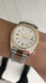 Rolex Day Date Pave Baguette Diamond 40mm Taşlı Kadran Two Tone Gold Replika Saat