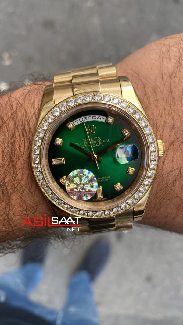 Rolex Day Date President Diamond Yeşil Kadran 40 mm 128238 Green Gold Replika Saat ROLDD060