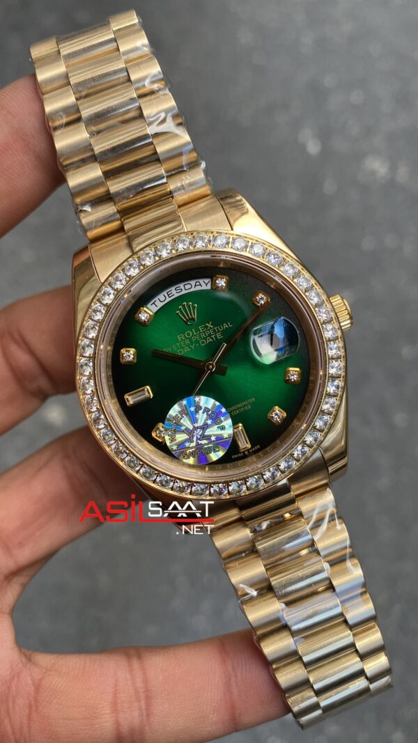 Rolex Day Date President Diamond Yeşil Kadran 40 mm 128238 Green Gold Replika Saat ROLDD060