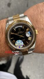Rolex Day Date President Siyah Kadran 40 mm Silver Gold Replika Saat ROLDD016