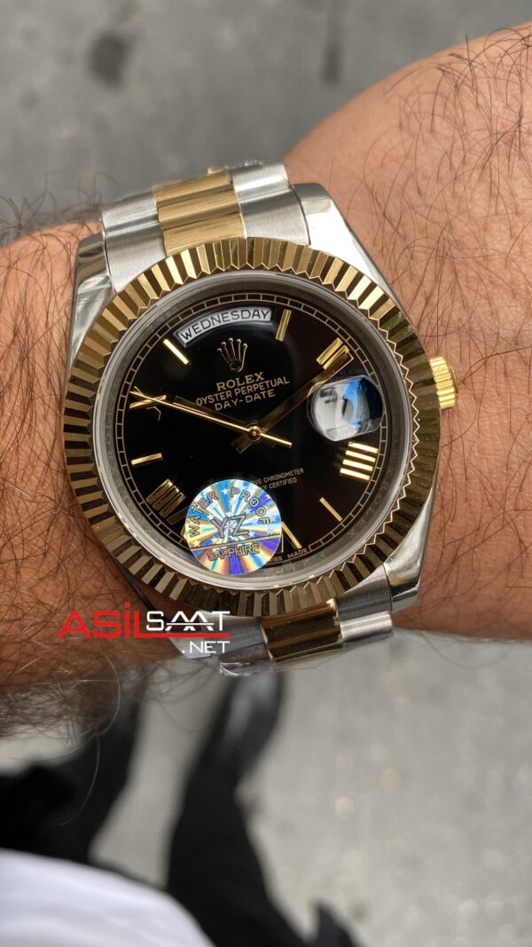Rolex Day Date President Siyah Kadran 40 mm Silver Gold Replika Saat ROLDD016