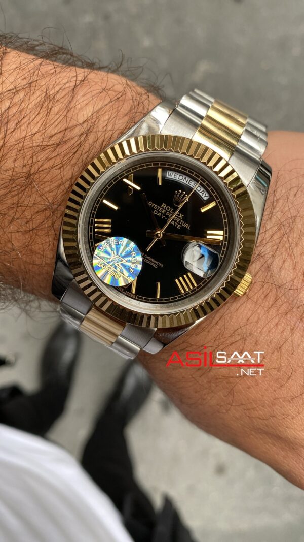 Rolex Day Date President Siyah Kadran 40 mm Silver Gold Replika Saat ROLDD016