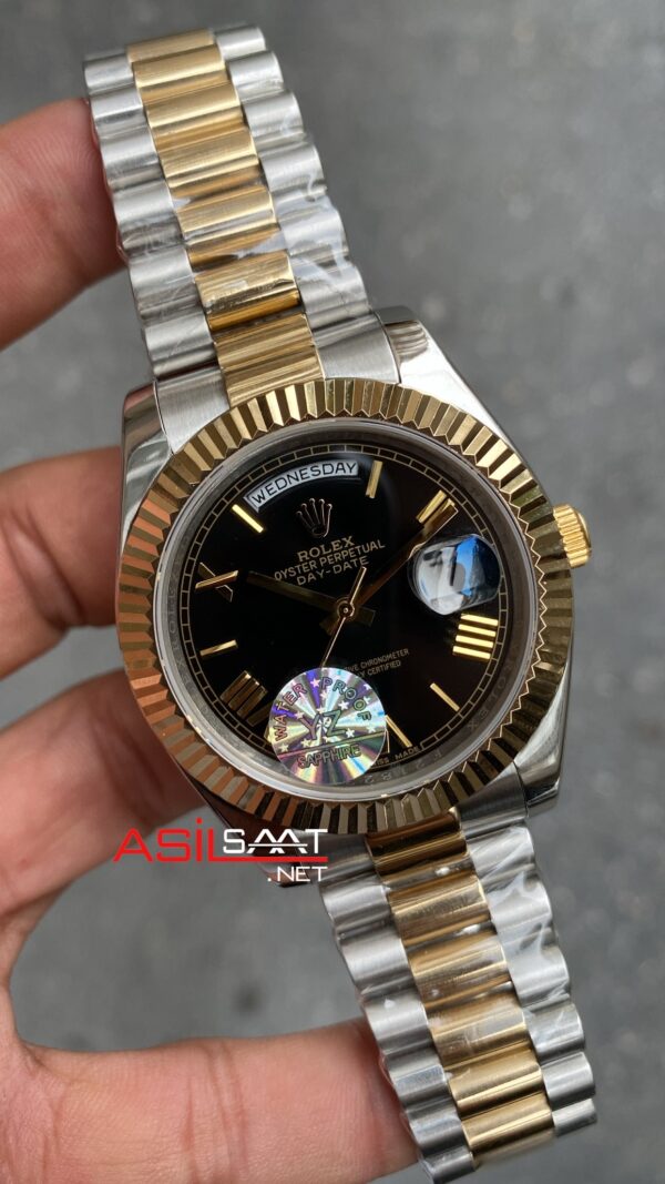 Rolex Day Date President Siyah Kadran 40 mm Silver Gold Replika Saat ROLDD016