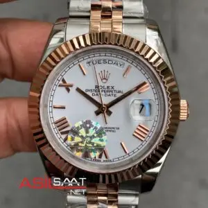 Rolex Day Date Prisident Beyaz Kadran 40 mm 228239 Silver Rose Gold Replika Saat ROLDD043