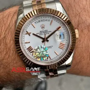 Rolex Day Date Prisident Beyaz Kadran 40 mm 228239 Silver Rose Gold Replika Saat ROLDD043