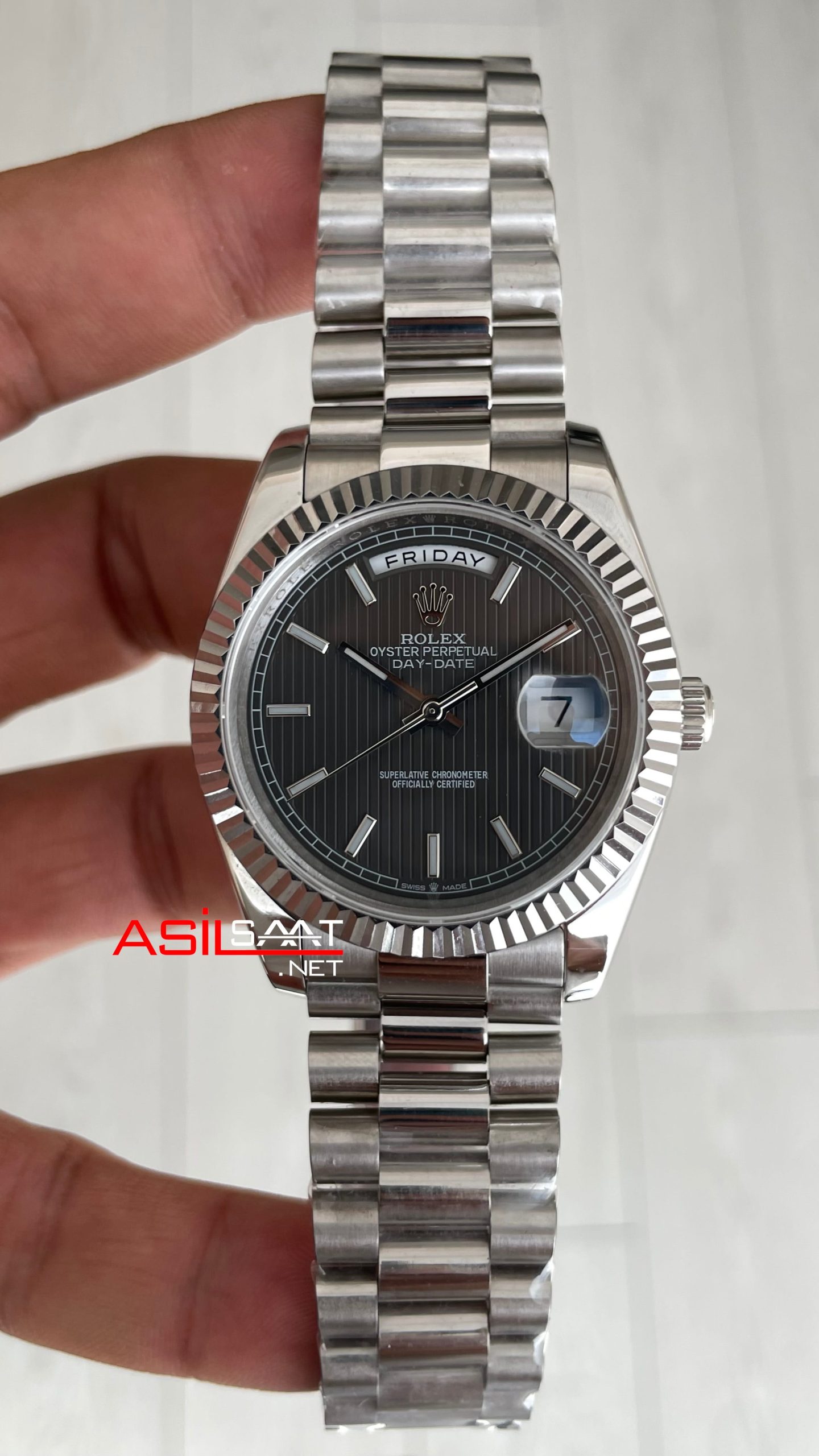 Rolex Day Date Rhodium 228238 President Gri Kadran 40mm Replika Saat Rolex Day Date Rhodium 228238 President Gri Kadran 40mm Replika Saat