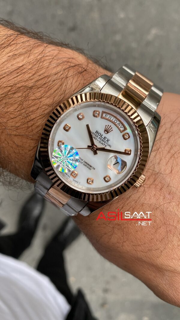 Rolex Oyster Day Date Diamond Beyaz Kadran 40 mm Silver Everose Gold Replika Saat ROLDD047