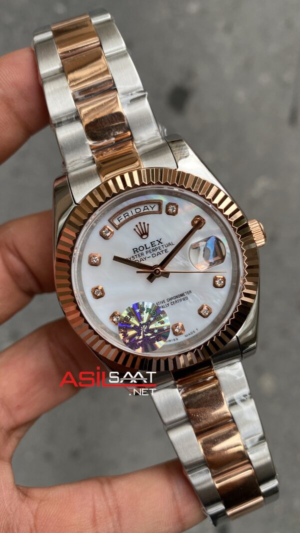 Rolex Oyster Day Date Diamond Beyaz Kadran 40 mm Silver Everose Gold Replika Saat ROLDD047