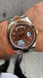 Rolex Oyster Day Date Kahverengi Kadran 40 mm Chocolate Silver Everose Gold Replika Saat ROLDD046