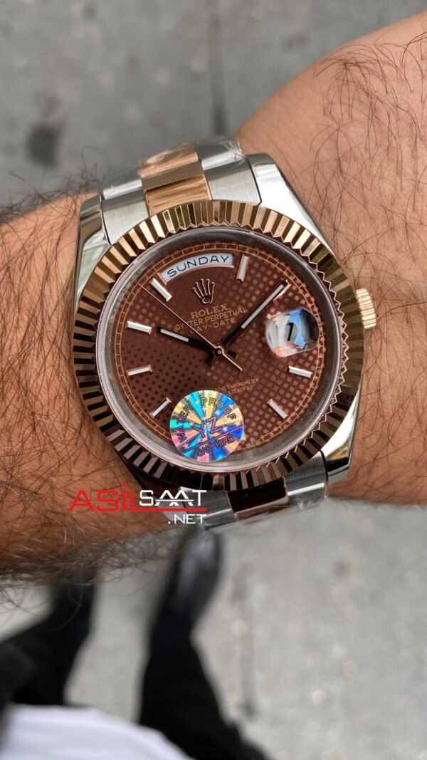 Rolex Oyster Day Date Kahverengi Kadran 40 mm Chocolate Silver Everose Gold Replika Saat ROLDD046