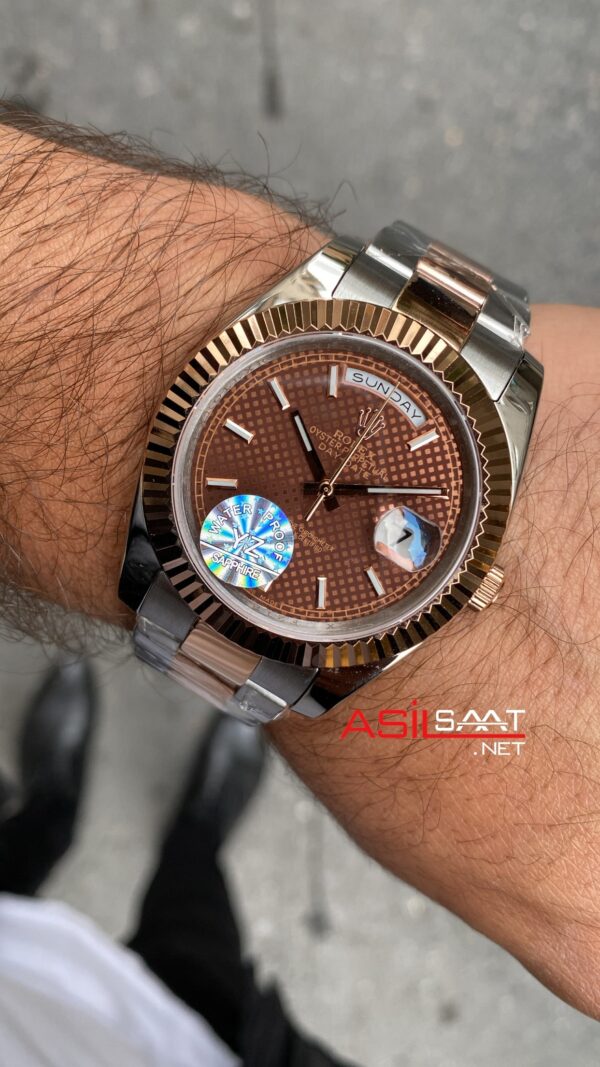Rolex Oyster Day Date Kahverengi Kadran 40 mm Chocolate Silver Everose Gold Replika Saat ROLDD046