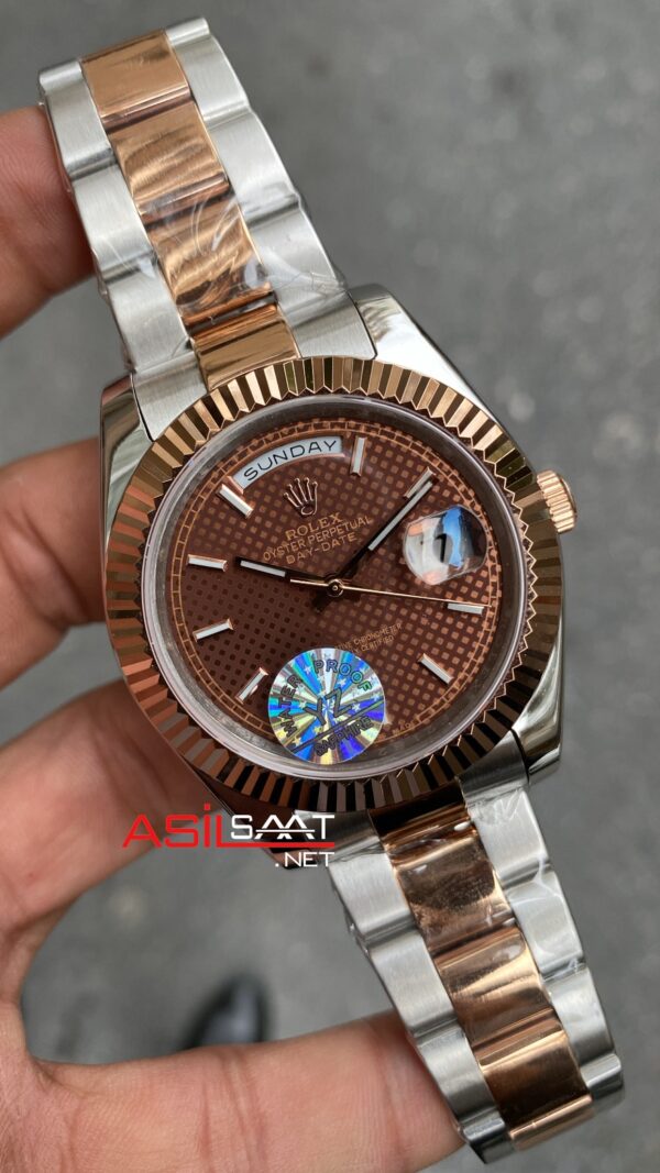 Rolex Oyster Day Date Kahverengi Kadran 40 mm Chocolate Silver Everose Gold Replika Saat ROLDD046