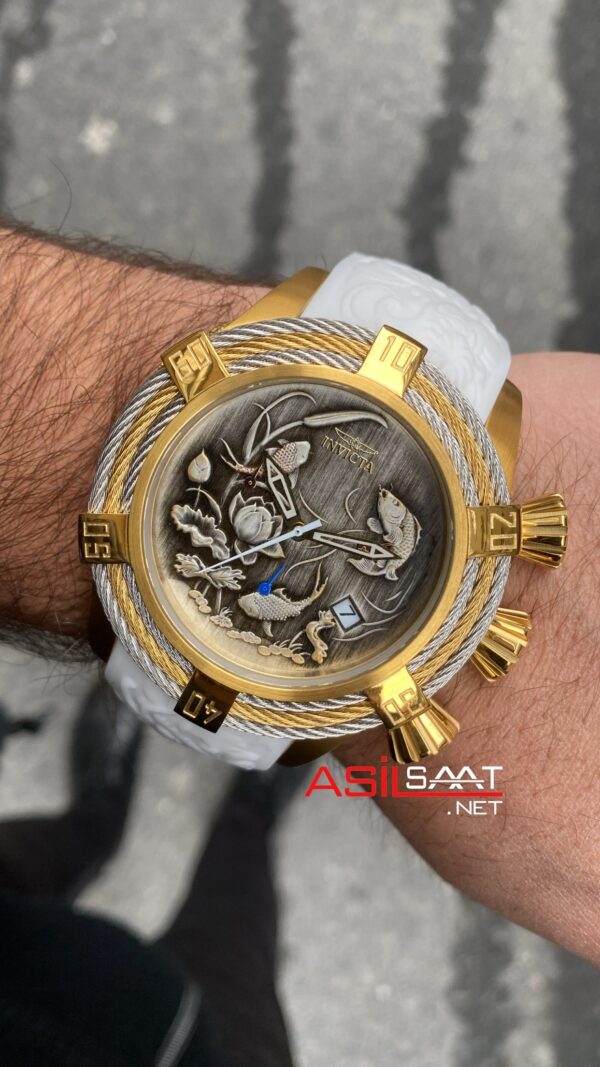 Invicta Bolt Koi Fish Chronograph 53 mm Gold White Replika Saat IKF004