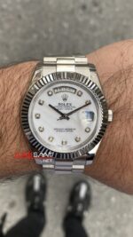 Rolex Day Date Beyaz Taşlı Kadran 228235 White Diamond Dial 40 mm President Belt Fluted Bezel Silver Replika Saat