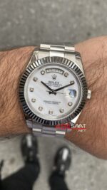 Rolex Day Date Beyaz Taşlı Kadran 228235 White Diamond Dial 40 mm President Belt Fluted Bezel Silver Replika Saat