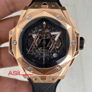 Hublot Sang Bleu II Siyah Kadran 45mm Rose Replika Saat