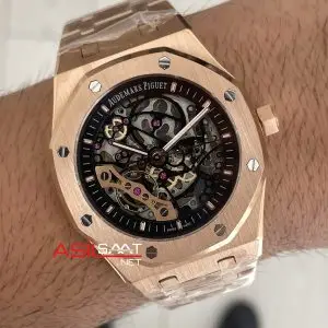 Audemars Piguet Royal Oak Skeleton 15407OR Double Balance iskelet Rose Replika Saat