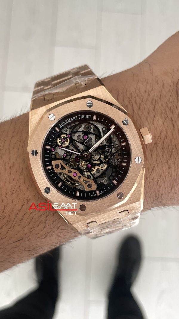 Audemars Piguet Royal Oak Skeleton 15407OR Double Balance iskelet Rose Replika Saat