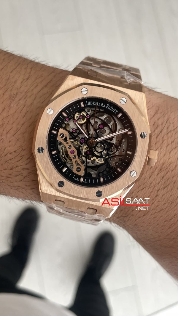 Audemars Piguet Royal Oak Skeleton 15407OR Double Balance iskelet Rose Replika Saat