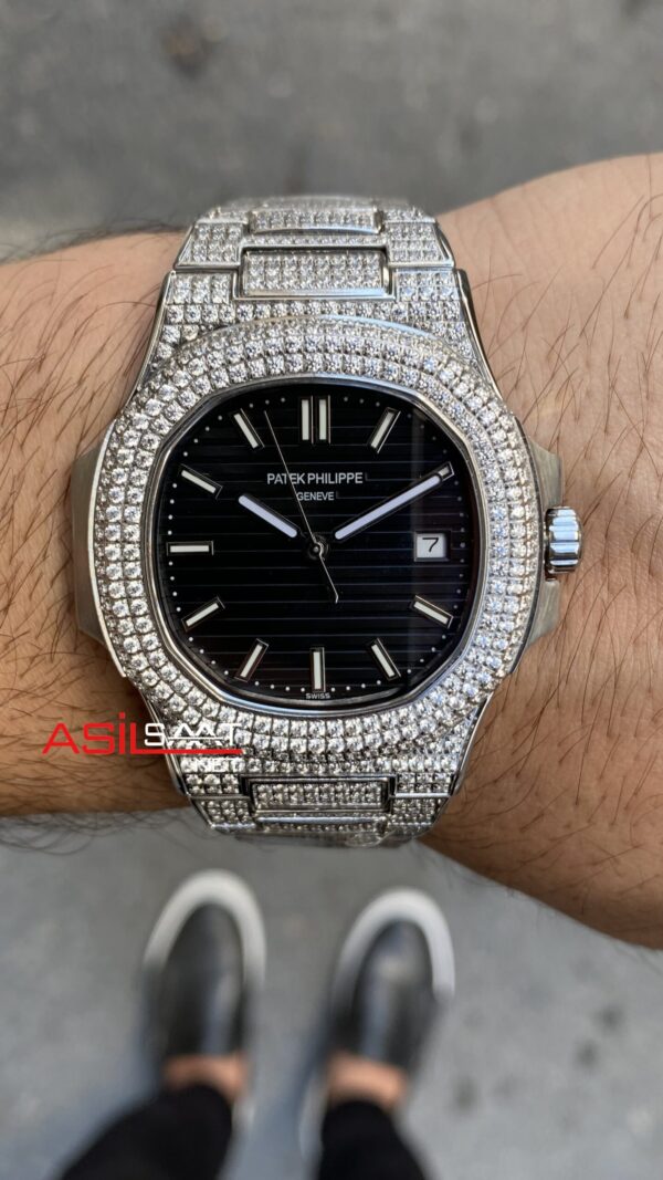 Patek Philippe Nautilus Diamond Siyah Kadran 40 mm 5711/1G Silver Replika Saat PPNA050 Patek Philippe Nautilus Diamond Siyah Kadran 40 mm 5711/1G Silver Replika Saat PPNA050