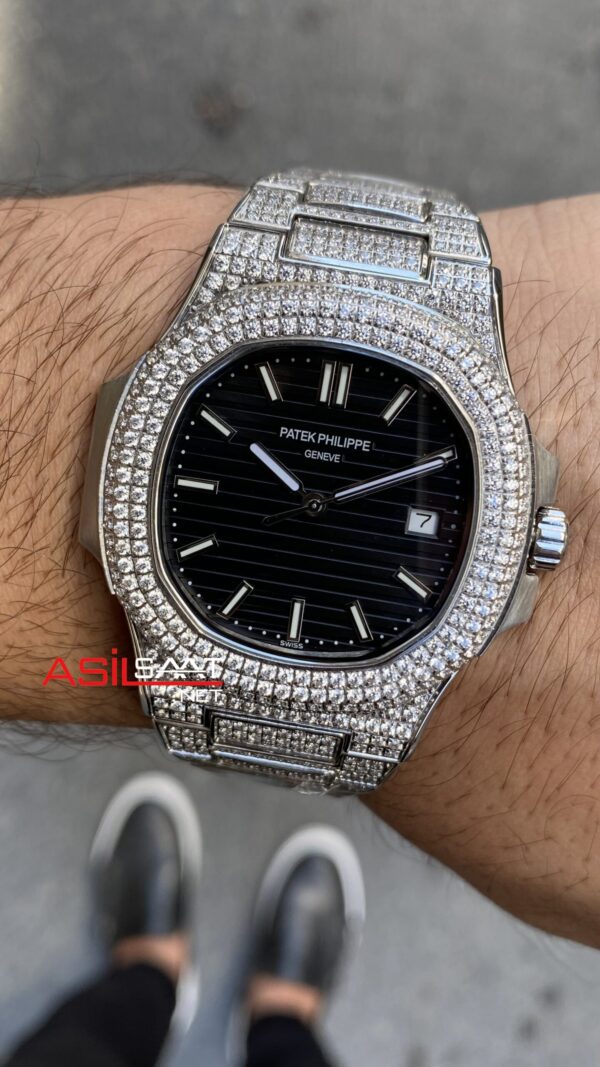 Patek Philippe Nautilus Diamond Siyah Kadran 40 mm 5711/1G Silver Replika Saat PPNA050 Patek Philippe Nautilus Diamond Siyah Kadran 40 mm 5711/1G Silver Replika Saat PPNA050