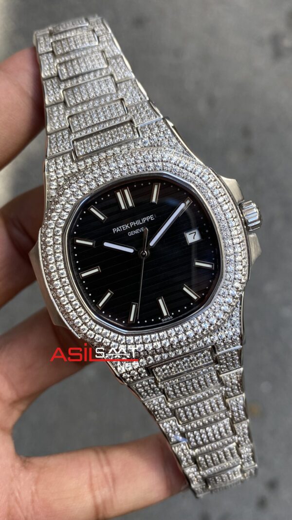 Patek Philippe Nautilus Diamond Siyah Kadran 40 mm 5711/1G Silver Replika Saat PPNA050 Patek Philippe Nautilus Diamond Siyah Kadran 40 mm 5711/1G Silver Replika Saat PPNA050
