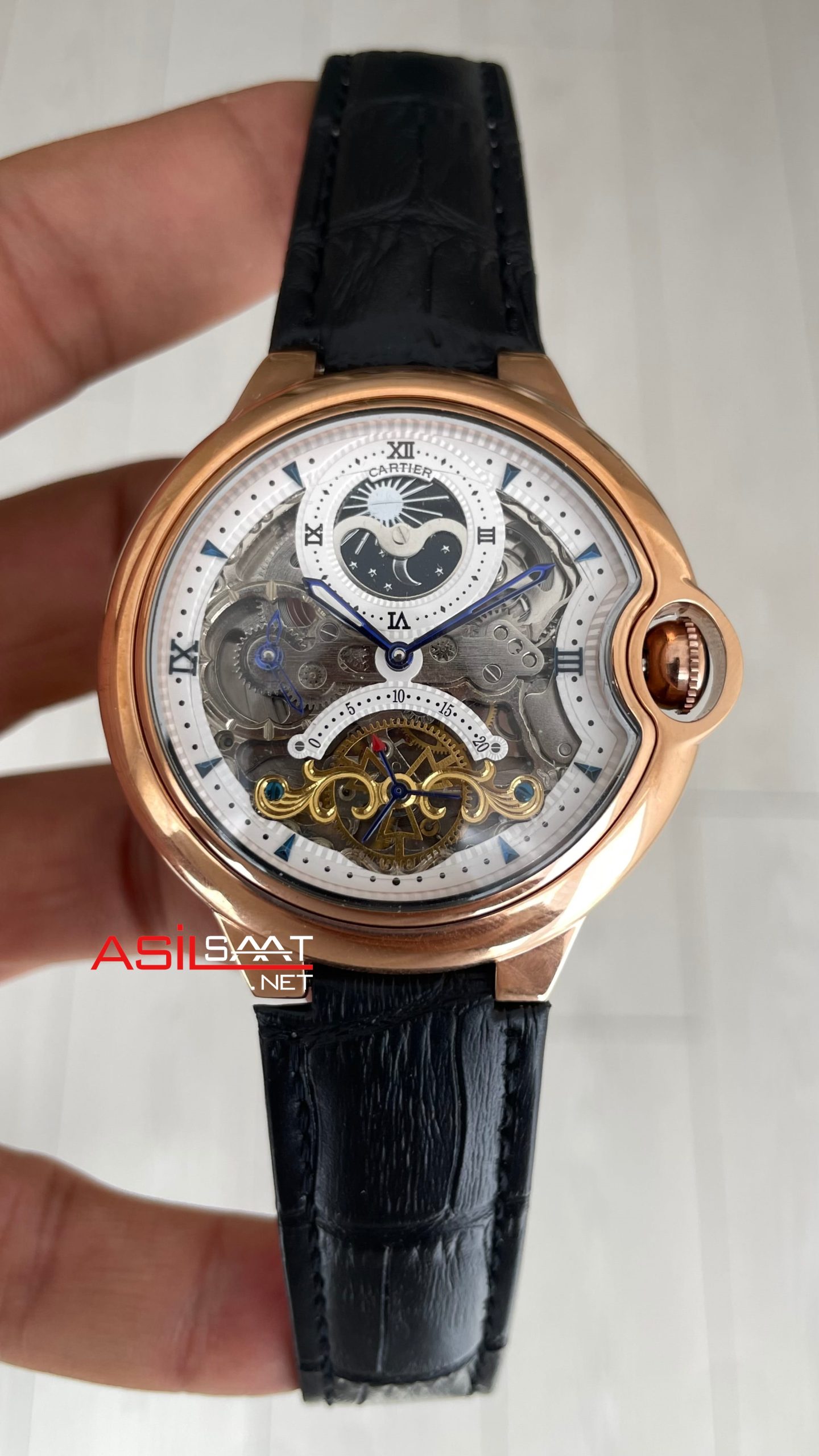 Cartier Ballon Bleu Skeleton Rose Tourbillon Moonphase 42mm Replika Saat Cartier Ballon Bleu Skeleton Rose Tourbillon Moonphase 42mm Replika Saat