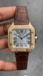 Cartier Santos Diamond Beyaz Kadran Kahverengi Kordon 35 mm Kadın Saati