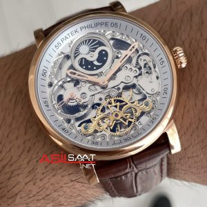 Patek Philippe Geneve Tourbillon İskelet Kahverengi Rose Skeleton Replika Saat
