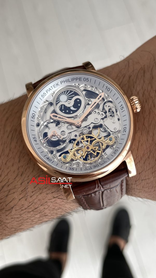 Patek Philippe Geneve Tourbillon İskelet Kahverengi Rose Skeleton Replika Saat