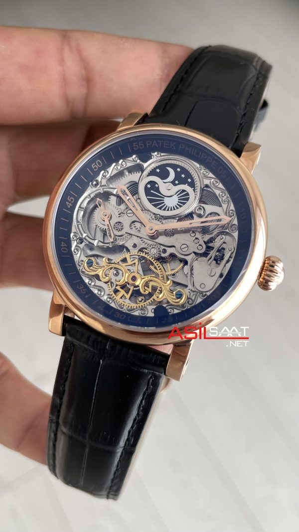 Patek Philippe Geneve Tourbillon İskelet Siyah Kadran 42mm Rose Skeleton Replika Saat