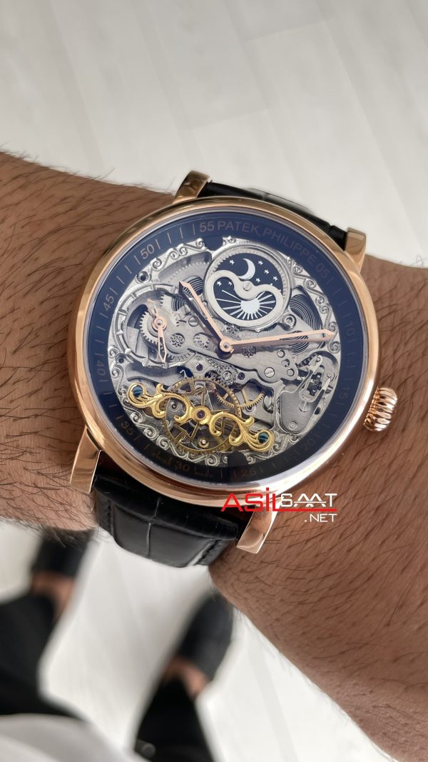 Patek Philippe Geneve Tourbillon İskelet Siyah Kadran 42mm Rose Skeleton Replika Saat