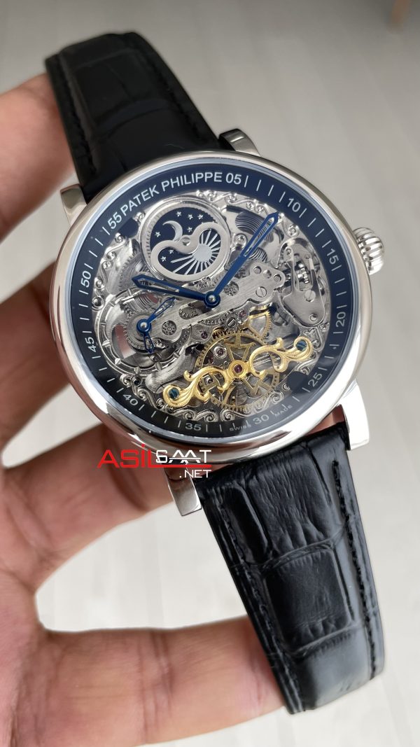 Patek Philippe Geneve Tourbillon İskelet Siyah Kadran 42mm Silver Skeleton Replika Saat