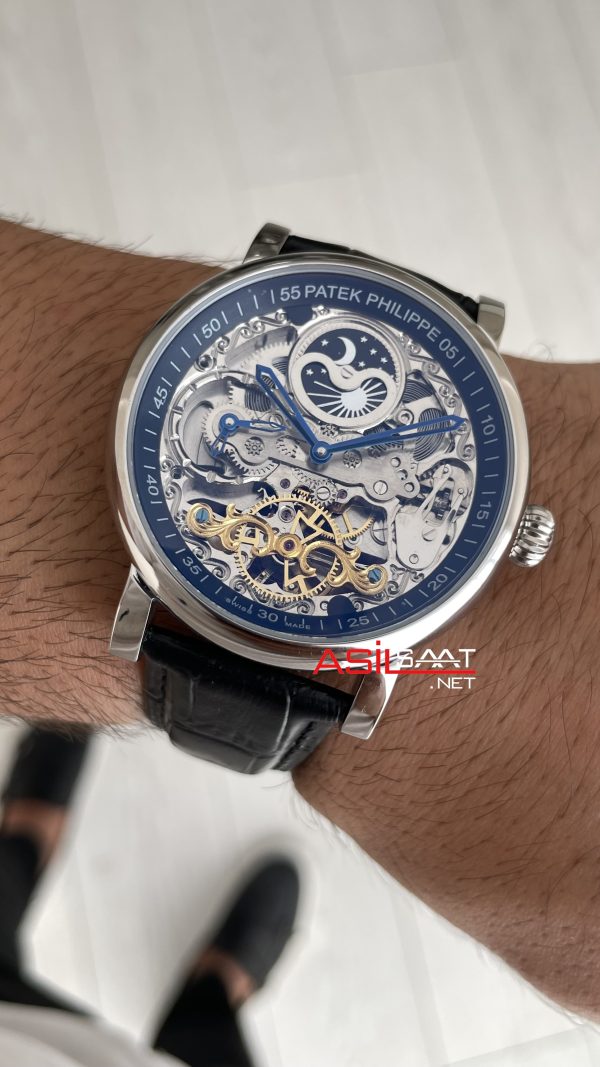 Patek Philippe Geneve Tourbillon İskelet Siyah Kadran 42mm Silver Skeleton Replika Saat