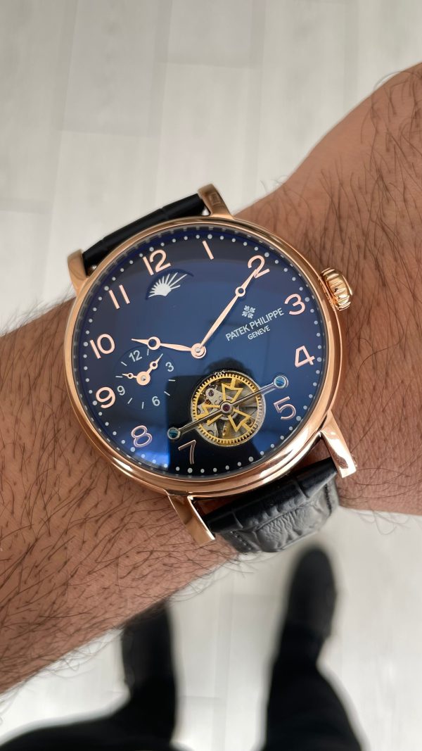 Patek Philippe Geneve Tourbillon Moonphase Rose Siyah Kadran 42 mm Replika Saat