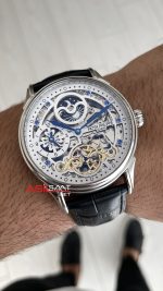 Patek Philippe Geneve Tourbillon Moonphase Skeleton Diamond Dial Beyaz Kadran 42 mm İskelet Taşlı Silver Replika Saat