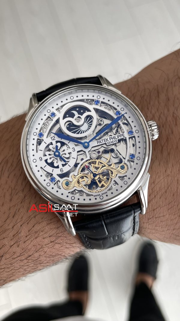 Patek Philippe Geneve Tourbillon Moonphase Skeleton Diamond Dial Beyaz Kadran 42 mm İskelet Taşlı Silver Replika Saat