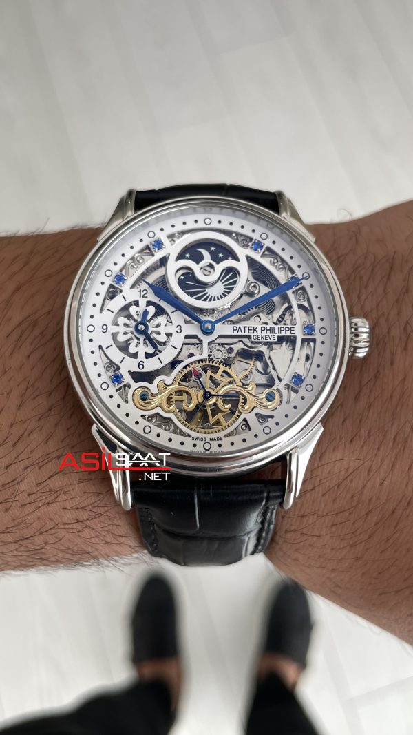Patek Philippe Geneve Tourbillon Moonphase Skeleton Diamond Dial Beyaz Kadran 42 mm İskelet Taşlı Silver Replika Saat