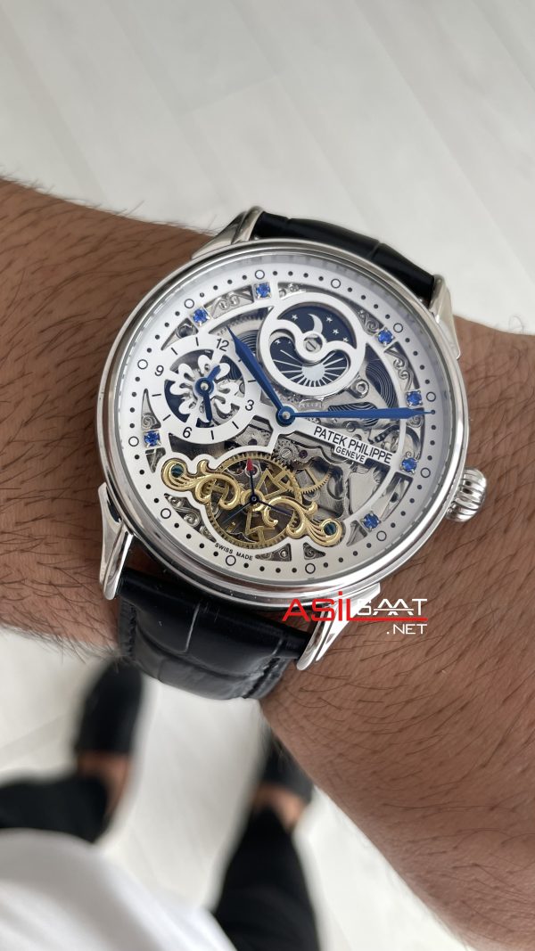 Patek Philippe Geneve Tourbillon Moonphase Skeleton Diamond Dial Beyaz Kadran 42 mm İskelet Taşlı Silver Replika Saat