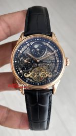 Patek Philippe Geneve Tourbillon Moonphase Skeleton Diamond Dial Siyah Kadran 42 mm İskelet Taşlı Rose Replika Saat