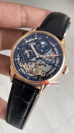 Patek Philippe Geneve Tourbillon Moonphase Skeleton Diamond Dial Siyah Kadran 42 mm İskelet Taşlı Rose Replika Saat