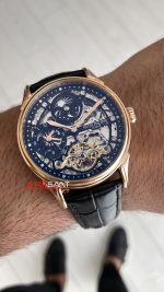 Patek Philippe Geneve Tourbillon Moonphase Skeleton Diamond Dial Siyah Kadran 42 mm İskelet Taşlı Rose Replika Saat