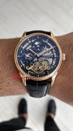 Patek Philippe Geneve Tourbillon Moonphase Skeleton Diamond Dial Siyah Kadran 42 mm İskelet Taşlı Rose Replika Saat