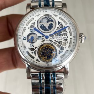 Patek Philippe Geneve Tourbillon Moonphase Skeleton Silver Blue 42 mm İskelet Replika Saat