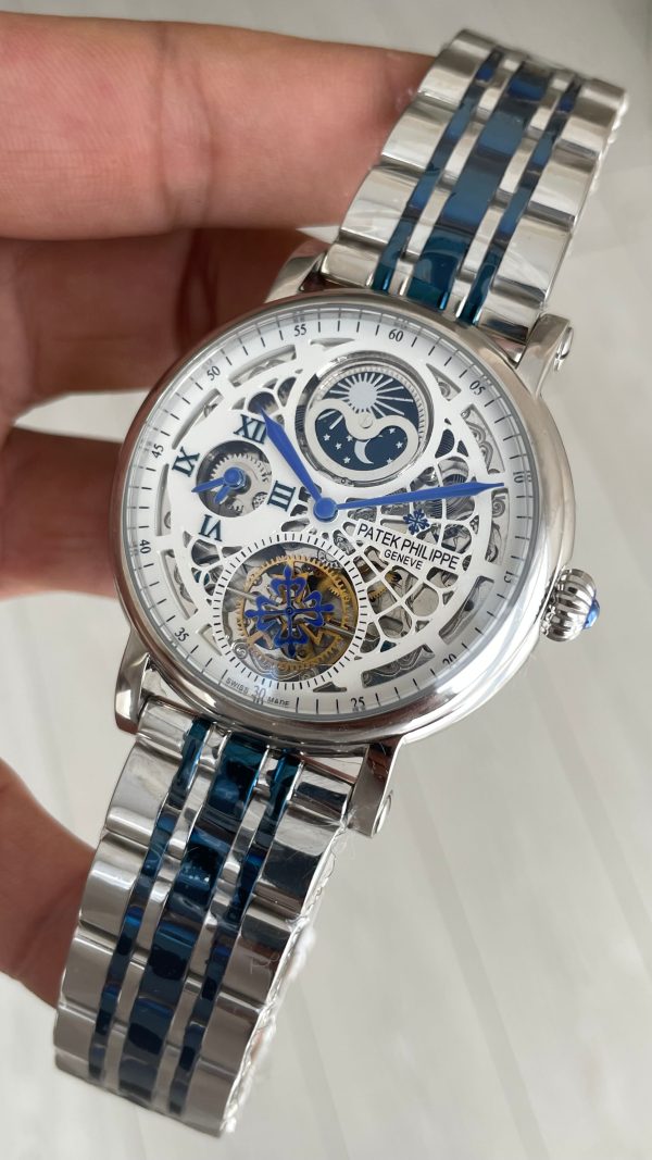Patek Philippe Geneve Tourbillon Moonphase Skeleton Silver Blue 42 mm İskelet Replika Saat Patek Philippe Geneve Tourbillon Moonphase Skeleton Silver Blue 42 mm İskelet Replika Saat